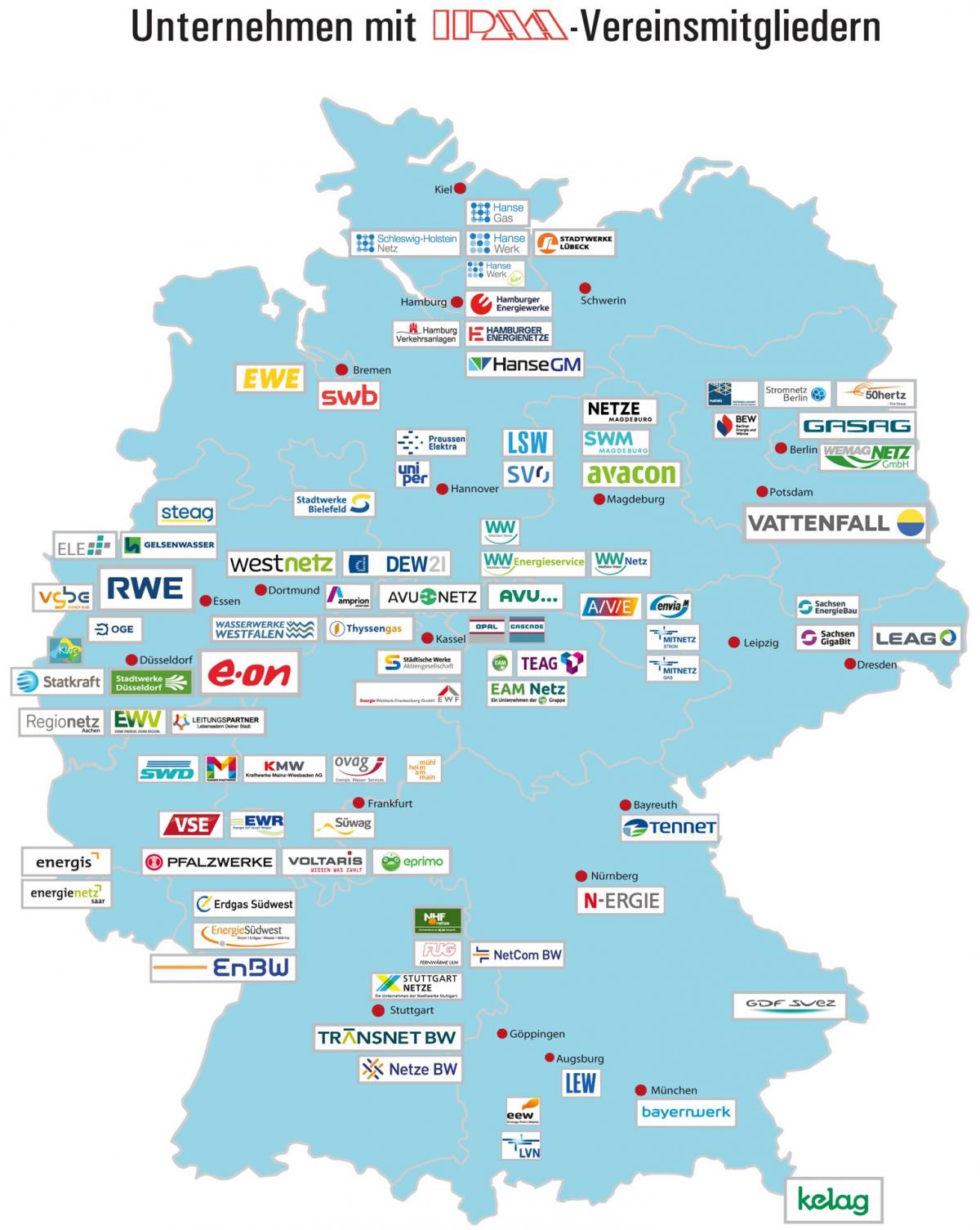 Eine Deutschlandkarte auf der die Mitgliedsunternehmen des IPAA zu sehen sind