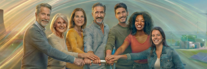 Betriebsrätinnen und Betriebsräte verschiedener Generationen, die einen Staffelstab umfassen. Im Hintergrund Symbole für die neue und die alte Energiewirtschaft!